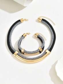 2 件套多色黑绳时尚百搭夸张颈链套装，欧美风格