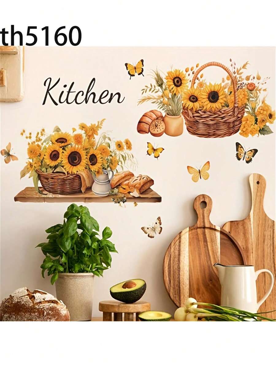 1pc Sunflower Kitchen Wall Stickers SelfAdhesive, Butterfly Flower