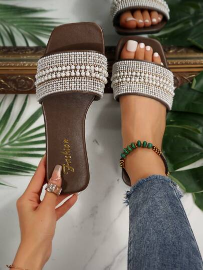 Ramadan New Square Toe Flat Sandals Women Plus Size, Fashion Style Slip-On Slippers, Solid Color Pearl Decor Casual Flat Sandals, Odor Prevention Ladies Khaki Color Beach Sandals Summer