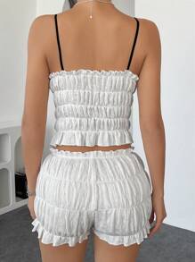 2 件/套夏季度假休闲海滩白色撞色蝴蝶结泡泡纹理 V 领露背上衣搭配松紧腰短裤 - 白色 - 查看 4