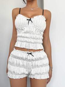 2 件/套夏季度假休闲海滩白色撞色蝴蝶结泡泡纹理 V 领露背上衣搭配松紧腰短裤 - 白色 - 查看 8