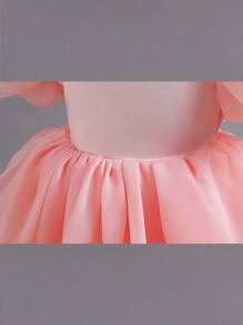 1pc Beautiful Puff Sleeve Toddler Girls Party Dress, Elegant V-Neck Backless Birthday Evening Gown With Puff Skirt, Suitable For Wedding, Pageant, Stage Performance, Banquet