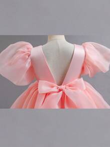 1pc Beautiful Puff Sleeve Toddler Girls Party Dress, Elegant V-Neck Backless Birthday Evening Gown With Puff Skirt, Suitable For Wedding, Pageant, Stage Performance, Banquet