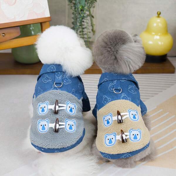 24pcs Bear Button Pet Jacket - Gray, Thickened Outfit, Warm Dog/Cat Clothes, New Autumn/Winter Collection, Hooded Windproof Apparel, Fashion European & American Style Clothing