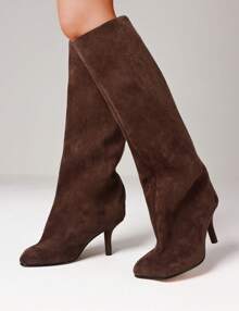 Knee High Boot Square Toe Kitten Heel Stiletto Heeled Boots For Woman Suede Wide Calf Long Boots Heeled Slouchy Formal Shoes Winter Tall Boots For Women - 深棕色 - 查看 5