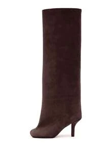 Knee High Boot Square Toe Kitten Heel Stiletto Heeled Boots For Woman Suede Wide Calf Long Boots Heeled Slouchy Formal Shoes Winter Tall Boots For Women - 深棕色 - 查看 6