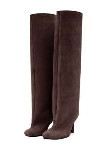 Knee High Boot Square Toe Kitten Heel Stiletto Heeled Boots For Woman Suede Wide Calf Long Boots Heeled Slouchy Formal Shoes Winter Tall Boots For Women - 深棕色 - 查看 2