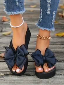 1 双女士厚底蝴蝶结人字拖，时尚高跟夏季拖鞋 - 藏蓝色 - 查看 10