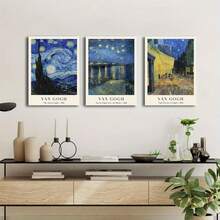Van Gogh Inspired 3pcs Canvas Wall Art Set - Retro Impressionist Prints, Wood Framed, Perfect For Living Room, Bedroom, Home Office Decor - Blue - View 4