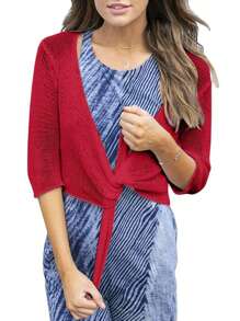 Women's Tie Front Shrug 3/4 Sleeve Bolero Sheer Knotted Lightweight Cardigan Sweaters Short Shawl Tops Christmas Gift & New Year Gift - 紅色 - 查看 3