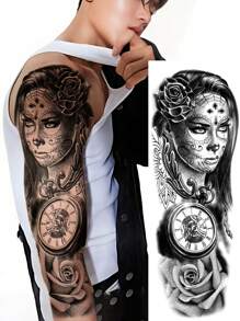 1 张超大全臂尺寸人体艺术临时纹身贴纸，适用于男士，黑色 3D 风格亡灵节女孩玫瑰时钟幽灵挚爱图案，防水假袖纹身，持续 2-5 天，遮盖疤痕，可用于手臂手腕肩腿腰颈手胸部大腿手指，人体艺术角色扮演派对礼物