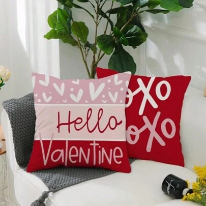 4 Pcs Valentine's Day Hello Valentine Hugs & Kisses Throw Pillow Covers, Red Heart XOXO Striped Decorative Farmhouse Wedding Cushion Cases For Home Sofa Decoration