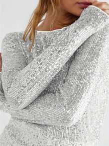 Women Long Sleeve Tops Sequins Basic Shirt Casual Pullover For Fall Club Streetwear Aesthetic Clothes - Bạc - Xem 4