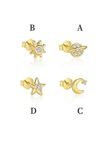 BALMORA 1pc S925 Pure Silver Star Moon Sun Planet Earring For Women, European And American Micro Inlaid Zirconia Earrings, Simple Jewelry Gift - Gold - View 5