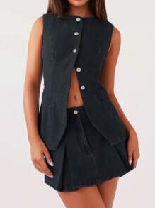 Women's 2 Piece Denim Skirts Outfits Solid Color Buttons Sleeveless Denim Tank Tops Jean Skirts Clothes Set - Dark Grey - View 2