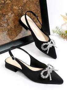 Zapatos de tacón alto de punta fina elegantes para mujer con decoración de cristales, tacones gruesos estables, Top de tela y suela de PU, zapatos formales negros para vestir en verano - Negro - Ver 2
