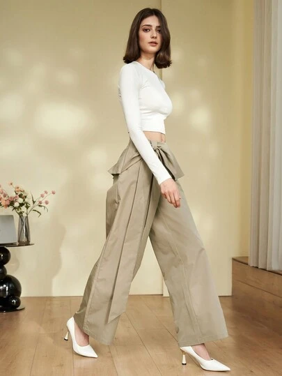 Women's Solid Color Straight Wide Leg Casual Pants With Tie Bow, Suitable For Office, Daily Casual, Spring