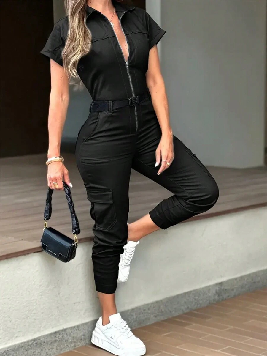 Women's Spring/Summer Short Sleeve Collared Zip Pocket Jumpsuit With Belt - màu đen - Xem 1