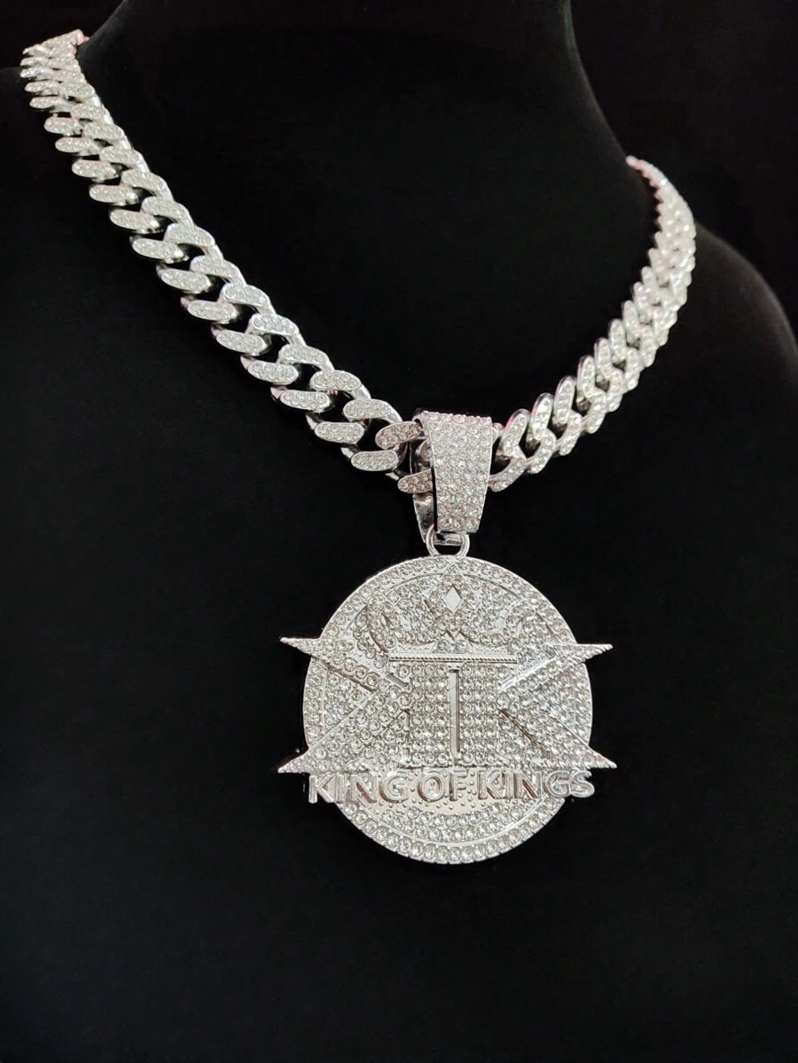 1pc Creative KING OF KINGS Letter Shape Pendant Necklace, Hip-Hop Pendant Necklace, Suitable For Party Or Daily Wear, 2 Chain Styles Available - Silver - View 1