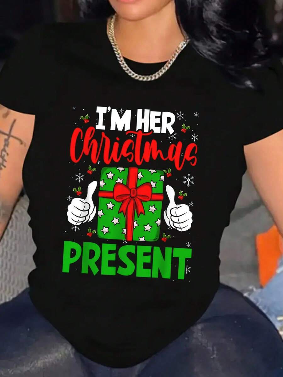 Women Couple Christmas Print T-Shirt Cotton- Perfect For Everyday Wear Outdoor Activities