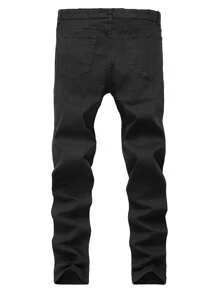 Men's Slim-Fit Casual Solid Color Business Straight Leg Jeans, With Elastic, Slant Pockets, Blend Fabric Year-Round Wear - Black - View 5