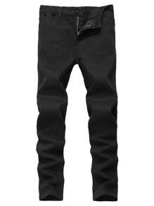 Men's Slim-Fit Casual Solid Color Business Straight Leg Jeans, With Elastic, Slant Pockets, Blend Fabric Year-Round Wear - Black - View 4