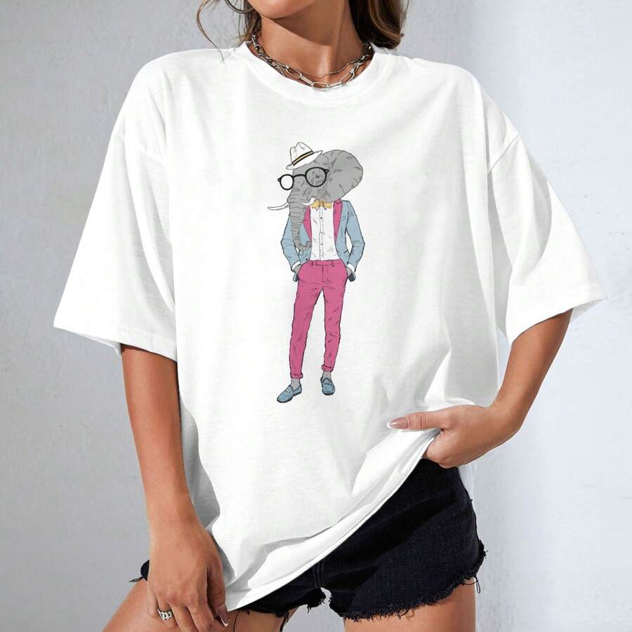 Camiseta oversize 100% algodón unisex con diseño estilizado de elefante antropomórfico - Blanco - Ver 1