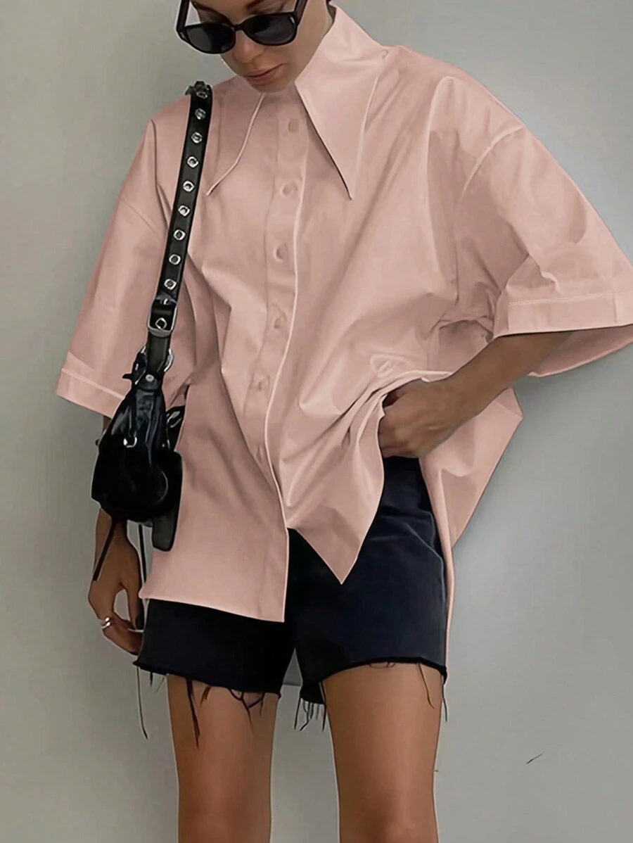 Women's Fashion Spring Summer Autumn Solid Button Up Shirt - 淺粉色 - 查看 1