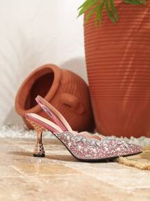 秋冬粉色弹力带后跟镶钻女士凉鞋，尖头露跟方跟高跟鞋，独特设计，优雅派对鞋 - 粉色 - 查看 6