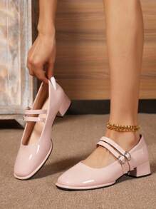 Fashionable Women Shoes, Simple & Versatile Double Buckle Strap Chunky Heels Mary Jane Pumps, Red & Violet Solid Color Ladies Flats