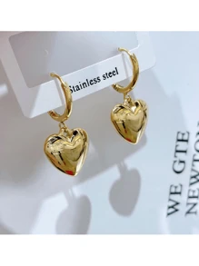 2 件 18K 镀金不锈钢厚心形耳环和吊坠套装，优雅金色珠宝礼物，波西米亚风格 - 金色 - 查看 6