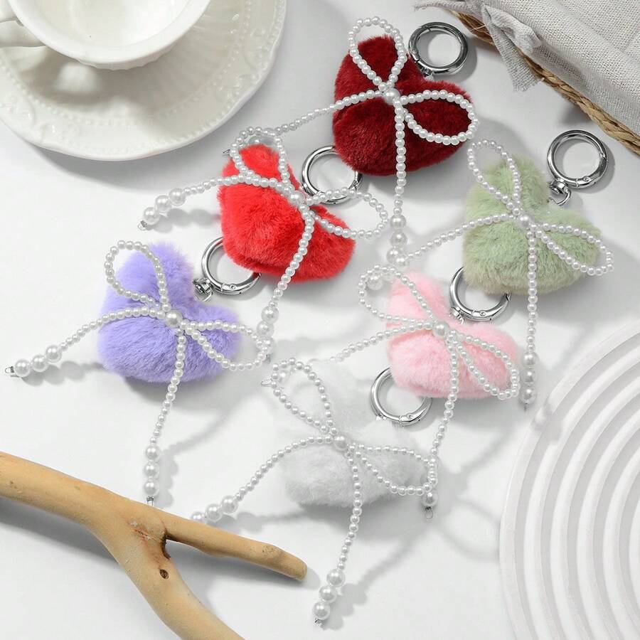 心形珍珠蝴蝶结钥匙扣 Y2k 蝴蝶结钥匙圈甜美包包汽车钥匙吊饰配饰女士女孩可爱心形钥匙扣，Y2K 珍珠蝴蝶结钥匙扣配饰，手袋美学包饰，汽车钥匙仿珍珠甜美蝴蝶结心形背包吊坠奢华吊坠钥匙扣情人节礼物新年礼物生日礼物时尚男女皆宜 - 彩色 - 查看 1