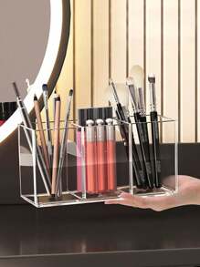 1pc Acrylic Brush Holder, Clear Plastic Cosmetic Brush Holder For Desk, Perfect Makeup Organizer Solution For Makeup Brushes, Pencils In Bathroom, Bedroom, Decor, Storage, Travel Essentials