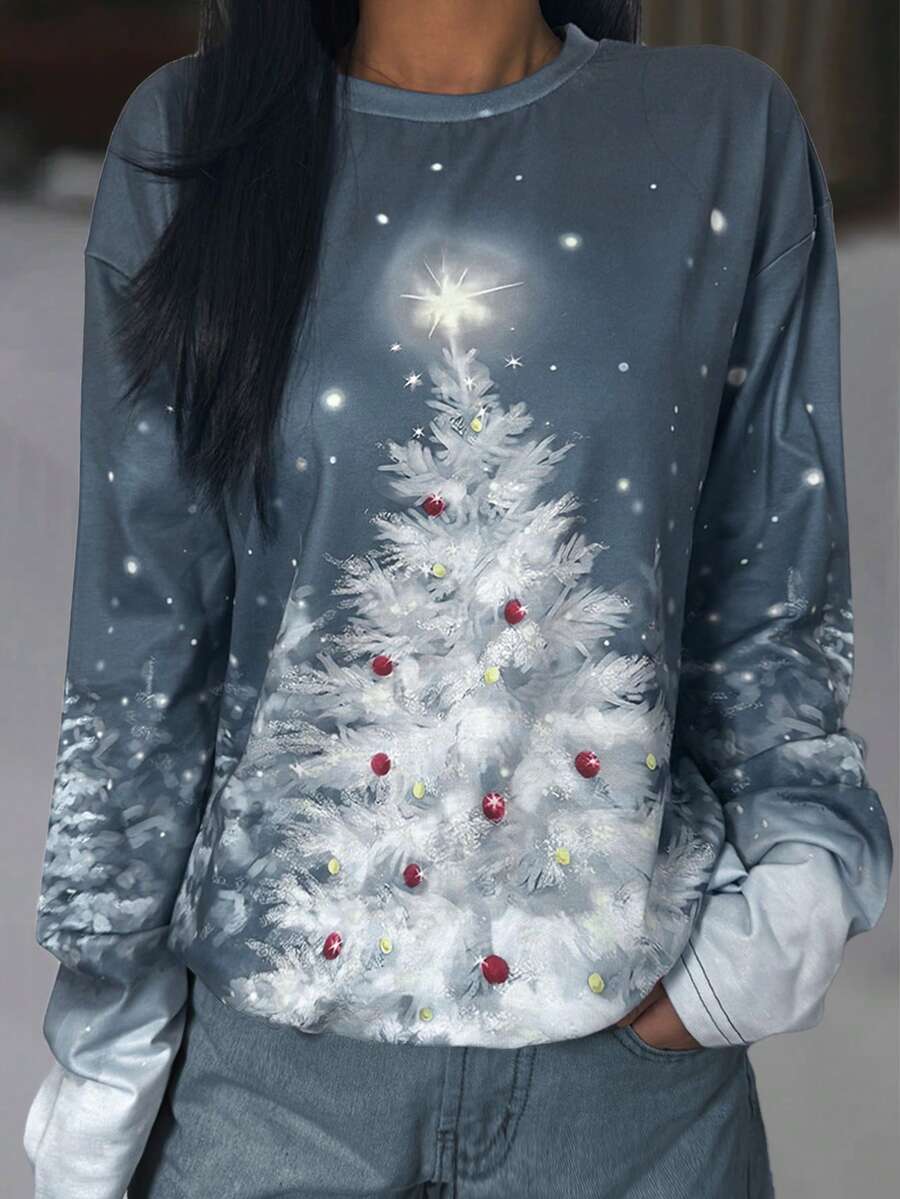 女士休闲圣诞树印花圆领长袖毛衣，秋/春季 - 彩色 - 查看 1