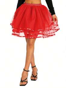 Women Mesh Skirt With Elastic Wide Waist, Solid Color Multi-Layer Structure Summer Clothing - 紅色 - 查看 3