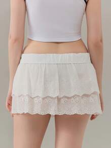 Womens White Short Skirts Cute Hollow Eyelet Embroidery Ladies Mini Elastic Waist Ruffle Low Rise Skirts - White - View 9