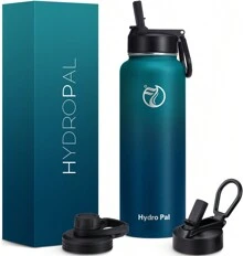 32 Insulated Water Bottles With 2 Leak Proof Lids(Spout Lid And Straw Lid), Wide Mouth Sport Water Bottle With Straw, Stainless Steel Powder-Coated Water Flask, Double Walled Vacuum - 藍綠漸變 - 查看 1
