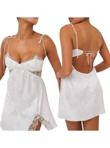 Women Sling Dress, Spaghetti Straps Backless Lacing Flower Patchwork Slit Summer Mini Dress - White - View 8