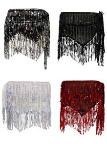 1 pièce Jupe de danse à franges pailletées pour femmes, écharpe de hanche à franges pour danse du ventre, ceinture de taille, jupe à franges pailletées brillantes pour femmes, costume de scène, automne, Halloween - Multicolore - Voir 11