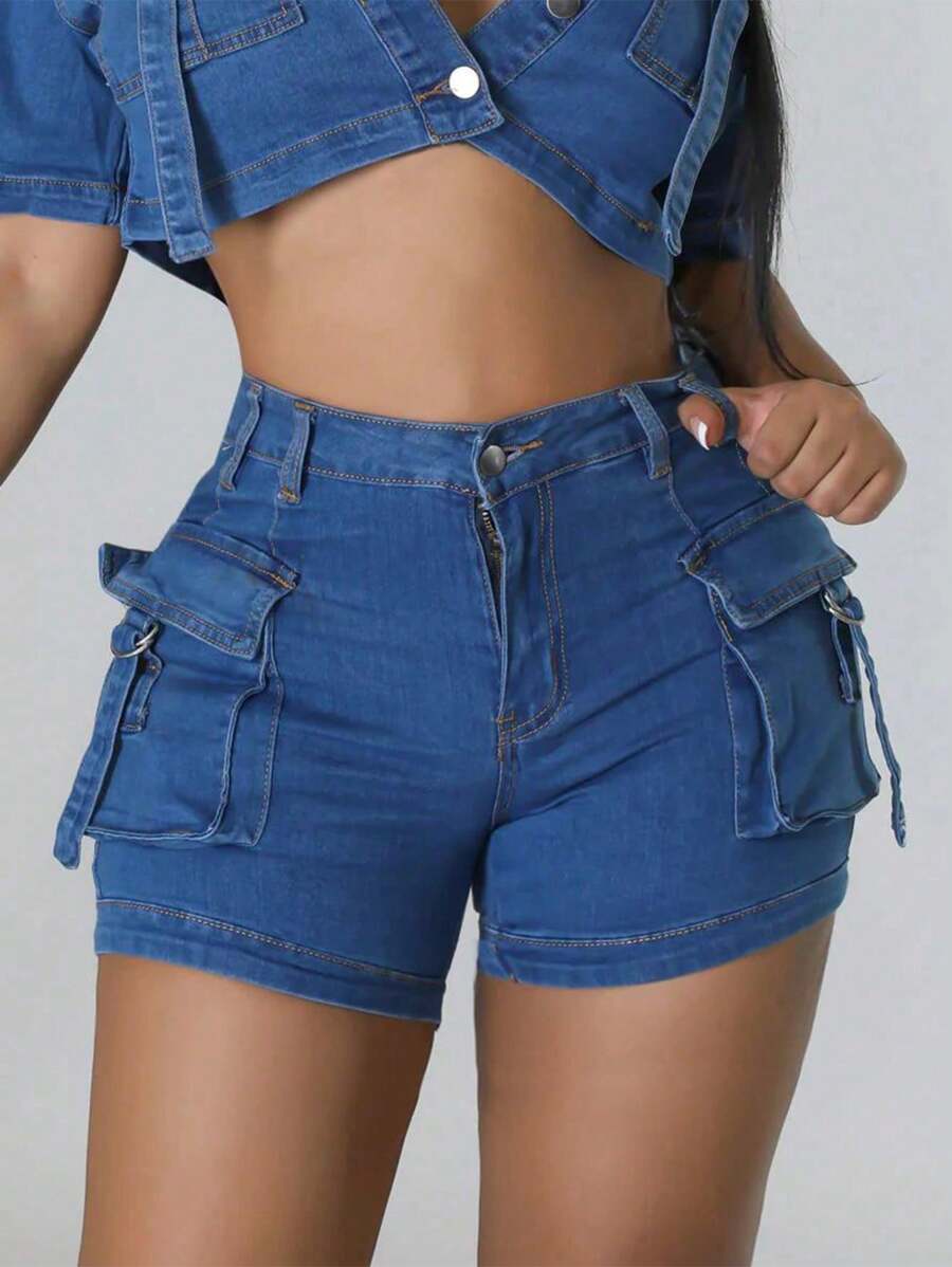 Women's Dark Blue Jeans Spring-Summer Shorts With High Spring-Tight Pockets - Rửa tối - Xem 1