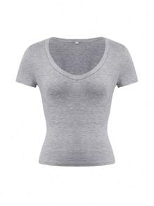 Vaiaye Women's Summer V-Neck Short Sleeve Solid Color Slim Fit Sexy Waisted Y2K T-Shirt, Suit For Exercise And Fitness, Daily Wear