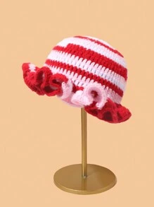 1pc Contrast Color Knitted Large Ruffle Brim Handmade Crochet Beanie (Hat Color Random)