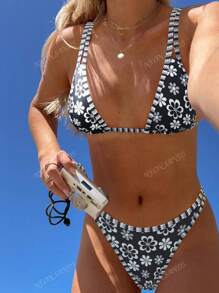 New Ditsy Floral Adjustable Strap Backless Tie-Up Cute Bikini, Women Summer Beach Resort Swimwear Set, Black