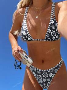 New Ditsy Floral Adjustable Strap Backless Tie-Up Cute Bikini, Women Summer Beach Resort Swimwear Set, Black
