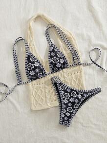 New Ditsy Floral Adjustable Strap Backless Tie-Up Cute Bikini, Women Summer Beach Resort Swimwear Set, Black