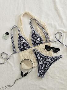 New Ditsy Floral Adjustable Strap Backless Tie-Up Cute Bikini, Women Summer Beach Resort Swimwear Set, Black