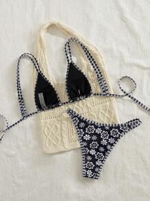 New Ditsy Floral Adjustable Strap Backless Tie-Up Cute Bikini, Women Summer Beach Resort Swimwear Set, Black