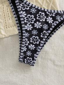 New Ditsy Floral Adjustable Strap Backless Tie-Up Cute Bikini, Women Summer Beach Resort Swimwear Set, Black