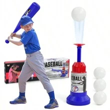 Conjunto de béisbol para niños, 1 bate ajustable y 1 lanzador de pelota con 3 pelotas, juego familiar para interior/exterior, excelente para regalo de Acción de Gracias/Navidad, color azul, material de PP