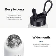 32 Insulated Water Bottles With 2 Leak Proof Lids(Spout Lid And Straw Lid), Wide Mouth Sport Water Bottle With Straw, Stainless Steel Powder-Coated Water Flask, Double Walled Vacuum - White - View 3